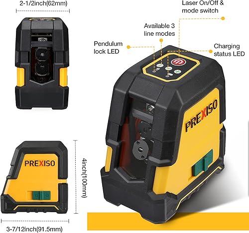 Miniatura 5 de PREXISO Nivel láser autonivelante - Láser de línea cruzada recargable de 100 pies, herramienta niveladora de línea verde para construcción, baldosas