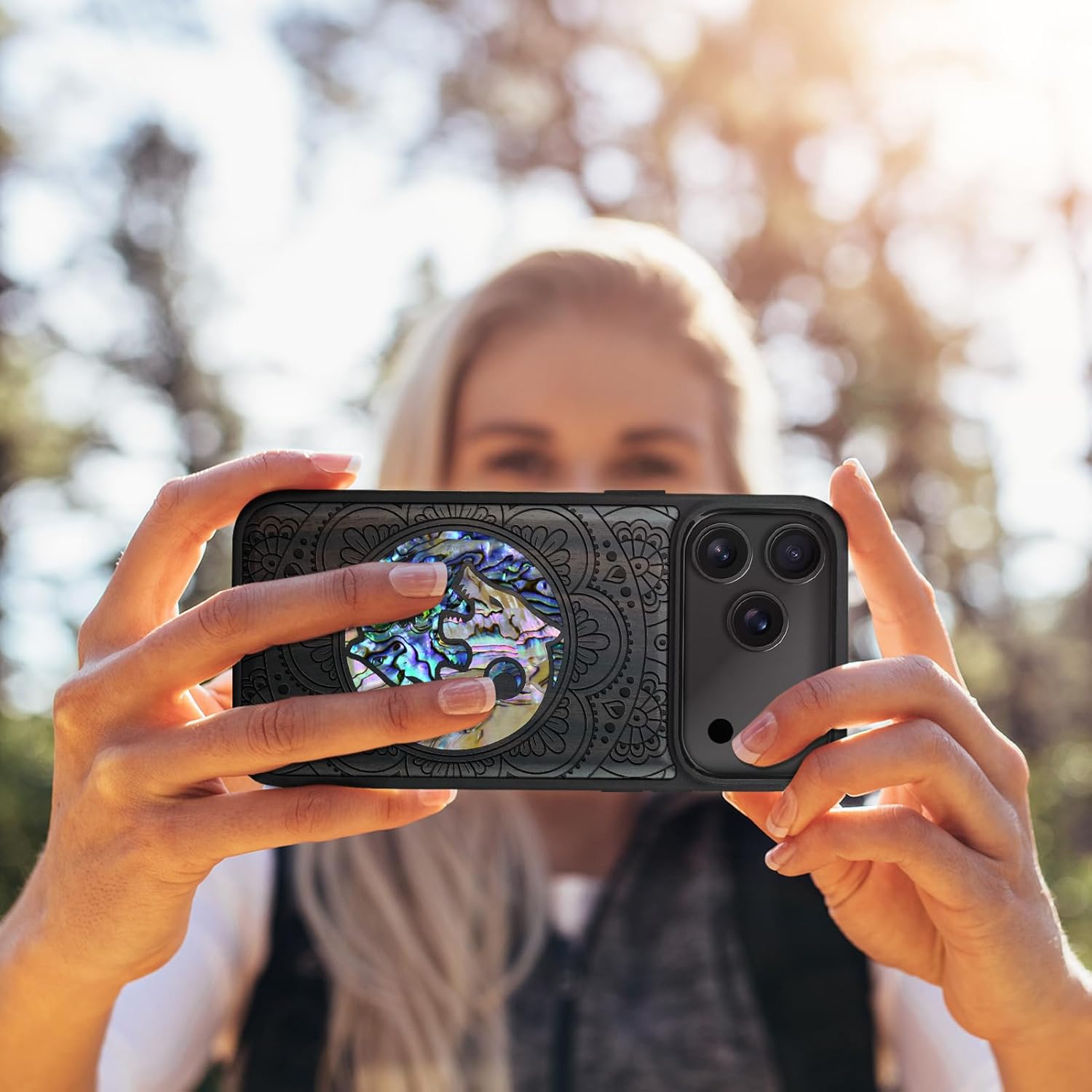 Carveit Magnetic Case for iPhone 17 Pro Max Case, Wood Artisan Engraved & Handmade Shell Inlaid, TPU Shockproof Cover, Compatible with MagSafe Wireless Chargers (Shell Yin Yang Wolf-Blackwood)