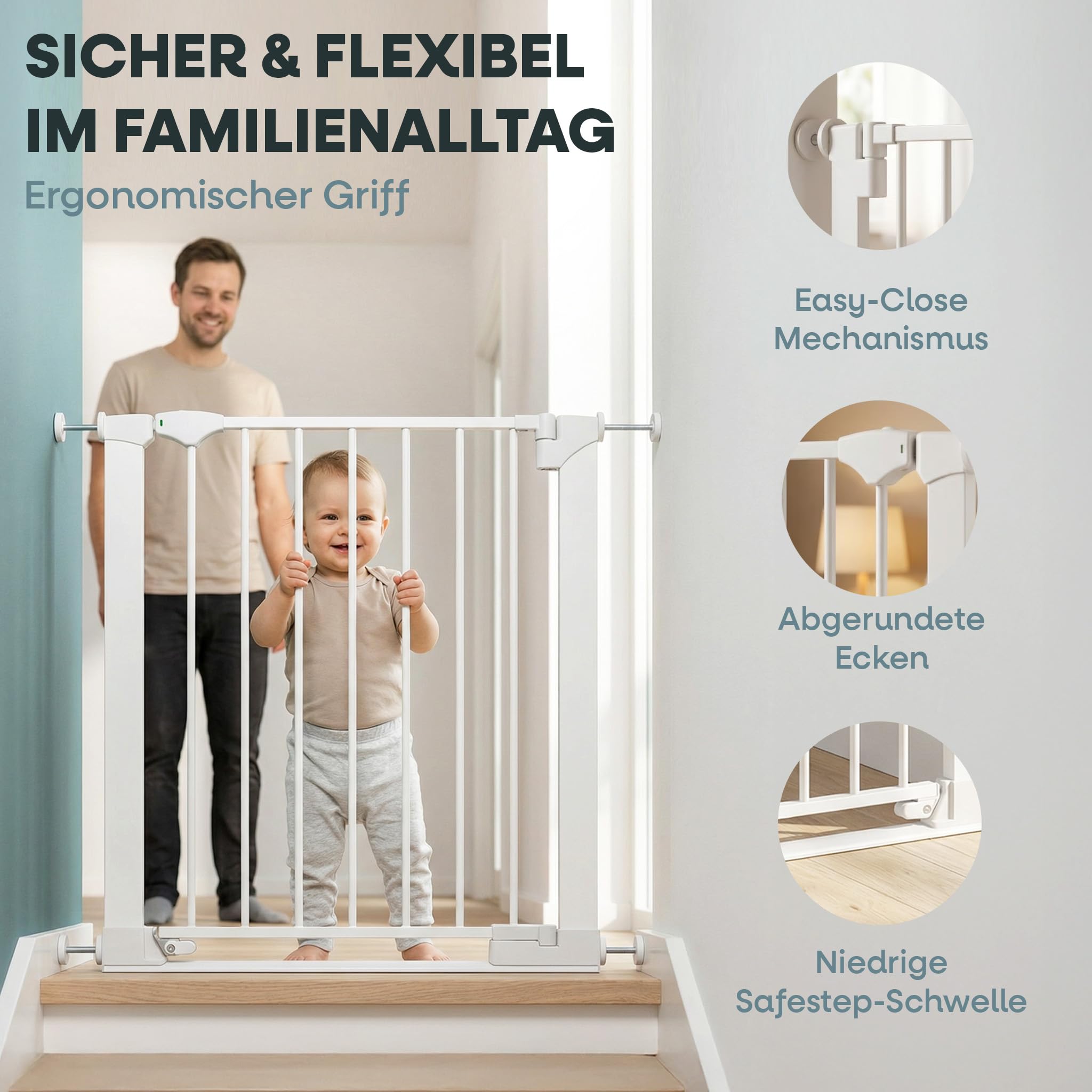 Safetots SafeStep Treppenschutzgitter ohne Bohren Weiß – Maximale Sicherheit für Babys & Haustiere – Visuelle Schließkontrolle – Beidseitig öffnend – Komfortables Tür- & Treppengitter 68cm - 75cm