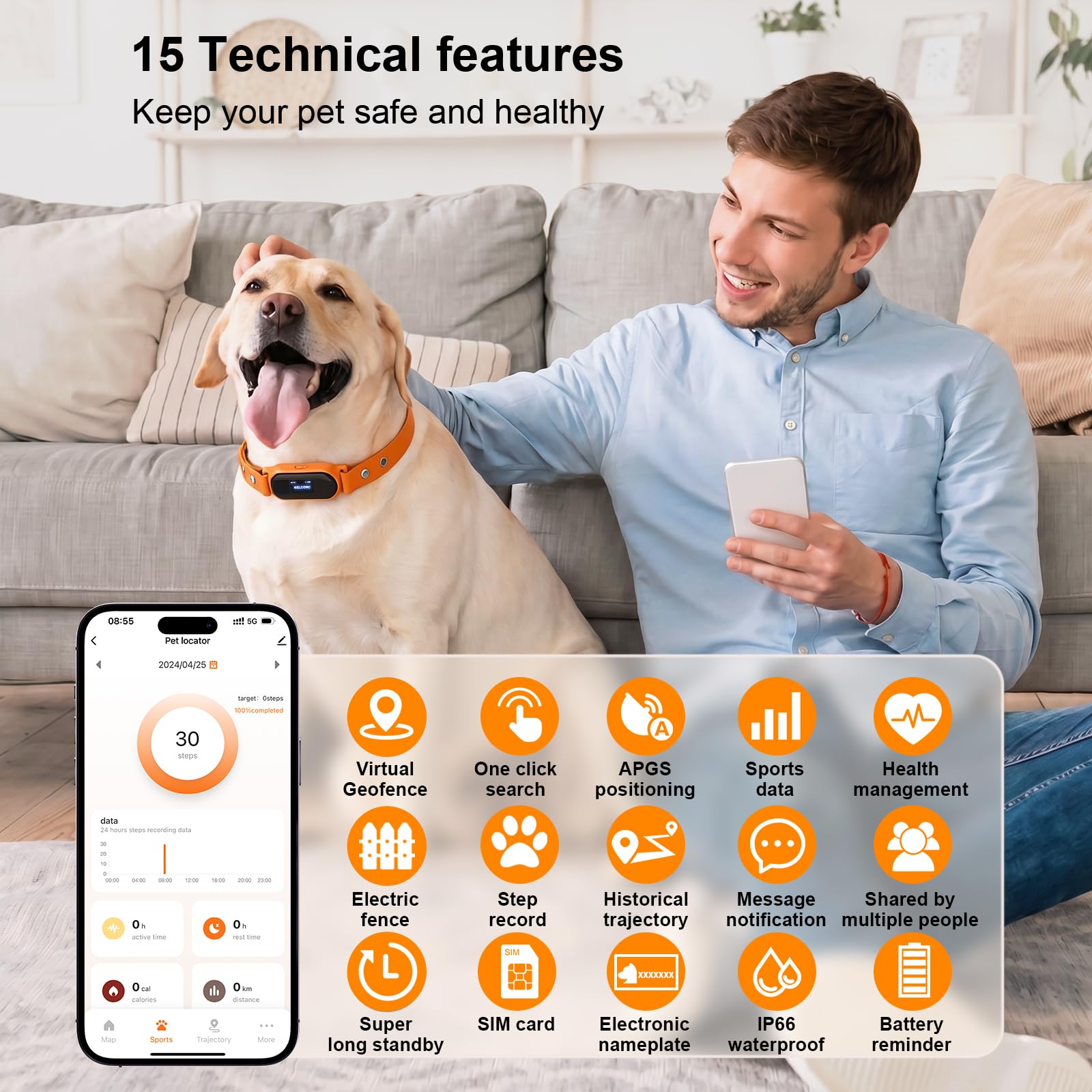 4G Echtzeit-Haustier-Tracker Dual-Band GPS Hundelokalisierer mit Anti-Verlust-Elektrozäunung, kostenlose App, Keine monatlichen Gebühren, verstellbarem Tracking-Halsband, Typ-C-Ladung, IP66