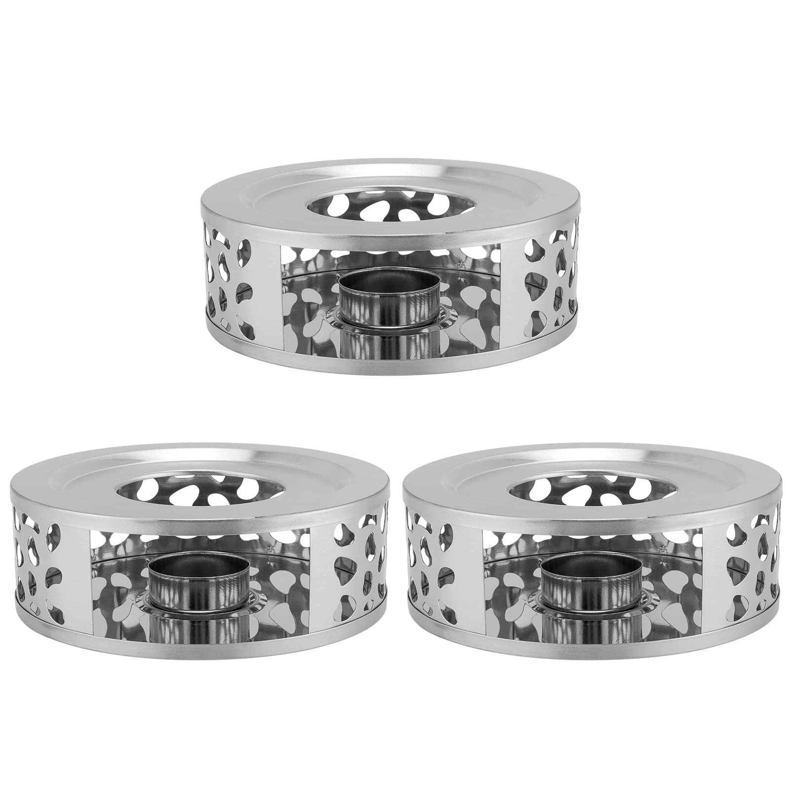 KEILEOHO 3 PCS Teapot Warmer, Stainless Steel Teapot Warmer, Metal Teapot Heater with Tealight Candle Holder, Brushed Coffee Tea Warmer Base for Glass or Ceramic Teapot, Silver