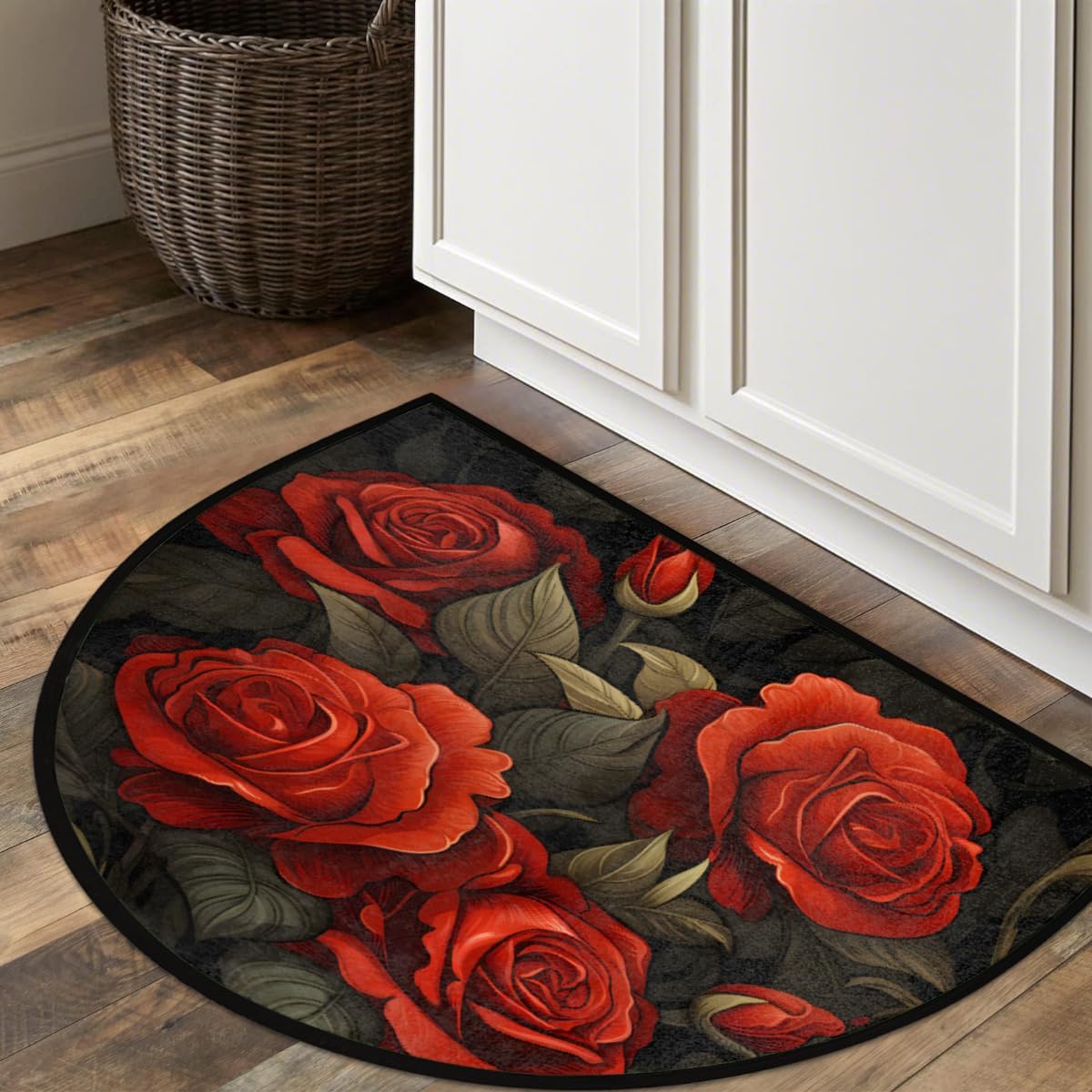 Valentine's Day Red Rose Leaf Half Round Door Mat Non-Slip Welcome Entryway Soft Area Rug Absorbent Bathroom Rugs Wear Resistant Indoor Kitchen Mats 24 x 36 in for Home Deck Patio Garage
