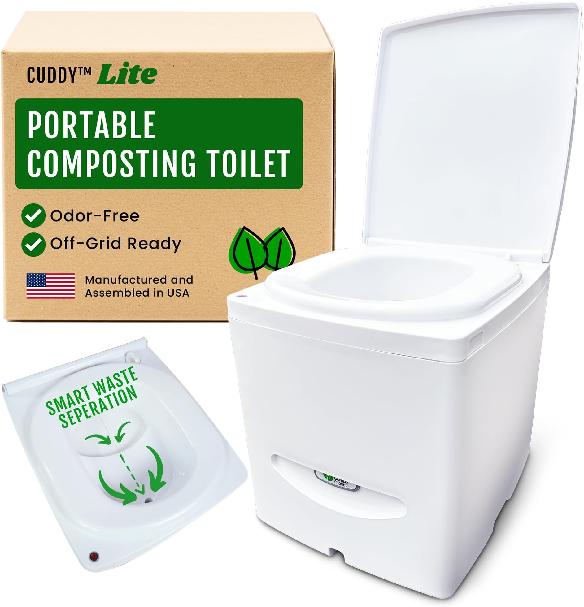 Cuddy Lite Portable Compost Toilet โ for Camping, RVs, Campervans, Boats & Tiny Houses โ LED Full Indicator, Liquid-Diverting, Separating, Solids Cover, Easy Clean โ Portable & Compact