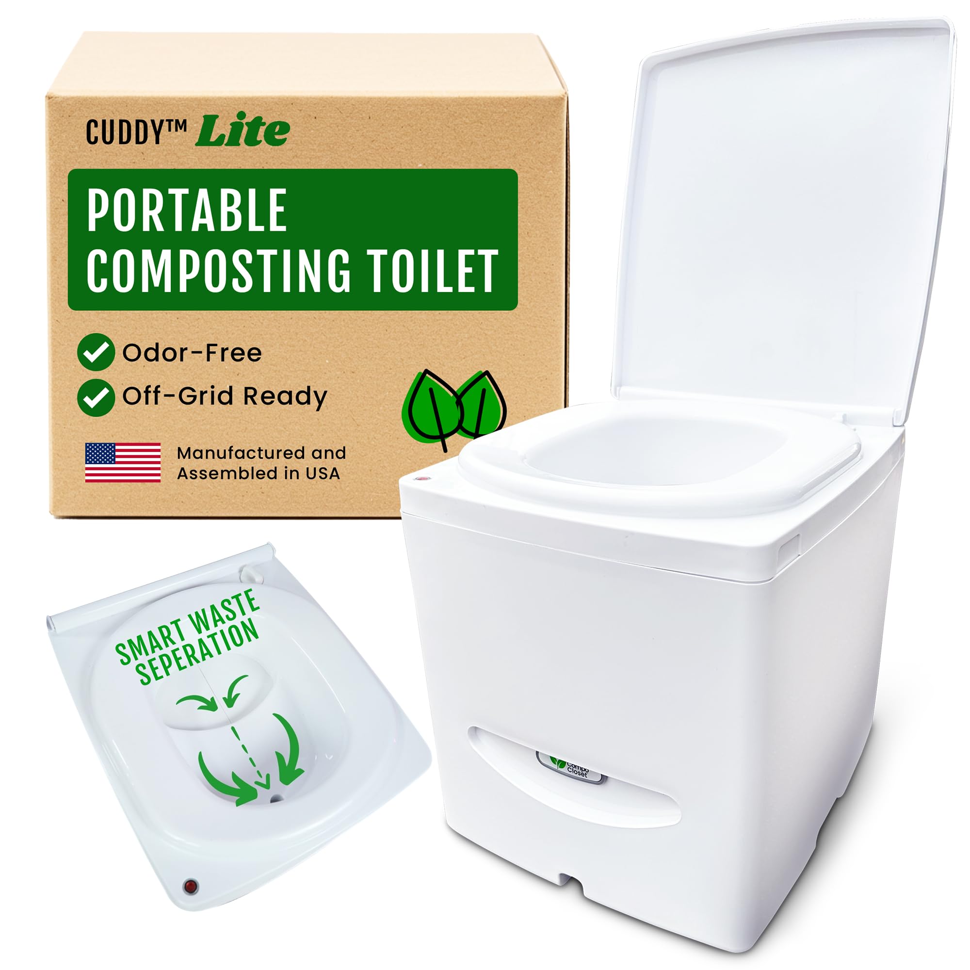 Cuddy Lite Portable Compost Toilet – for Camping, RVs, Campervans, Boats & Tiny Houses – LED Full Indicator, Liquid-Diverting, Separating, Solids Cover, Easy Clean – Portable & Compact