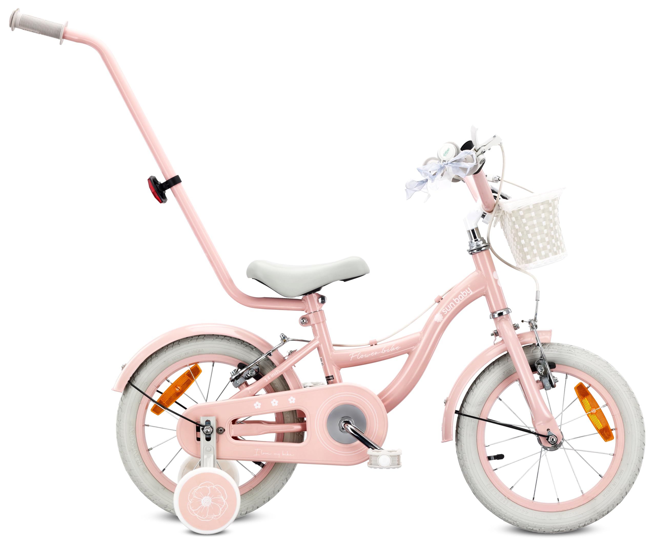sun baby Kinderfahrrad 14/16 Zoll Flower Bike Retro - Mädchenfahrrad 3-6 Jahre, max. 50 kg - V-Brake-Bremsen, Stützräder, Klingel, Reflektoren, Stahlrahmen, verstellbar