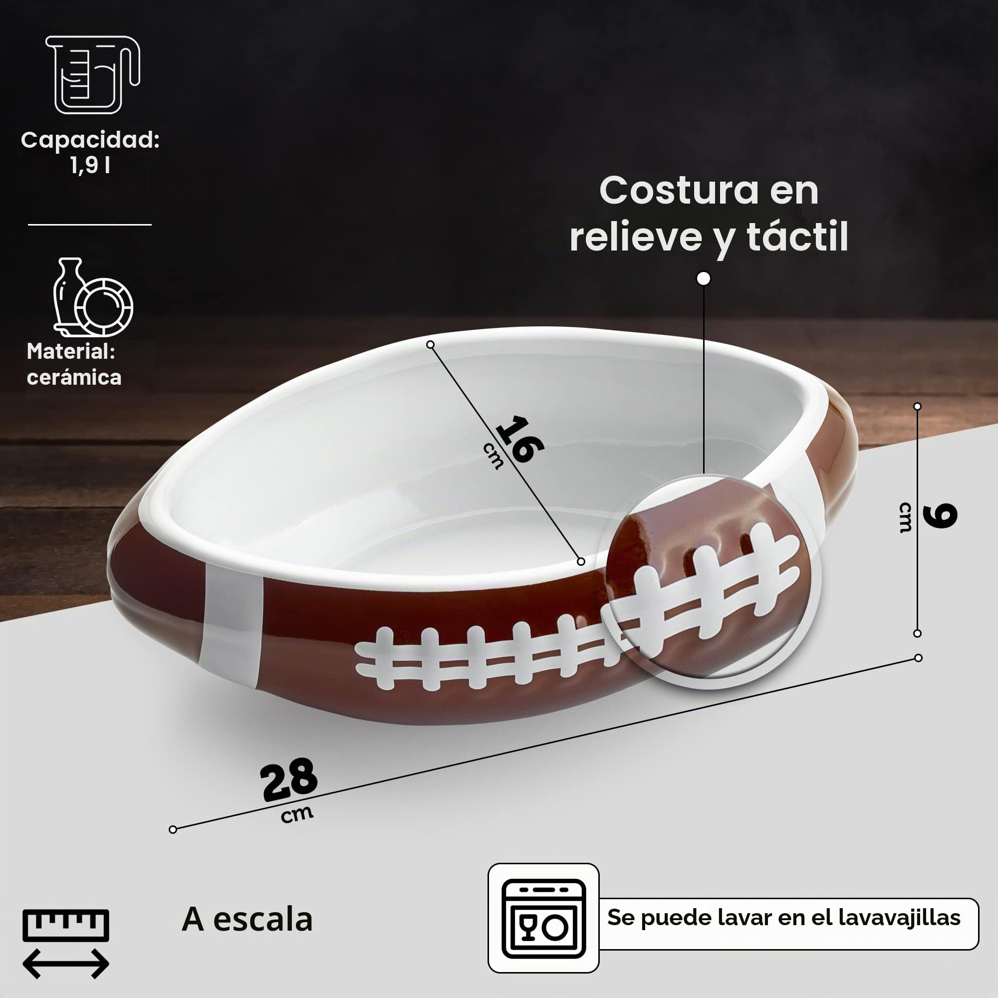 40YARDS tazón/cuenco de fútbol americano (a escala) de cerámica con costura elevadas y palpables