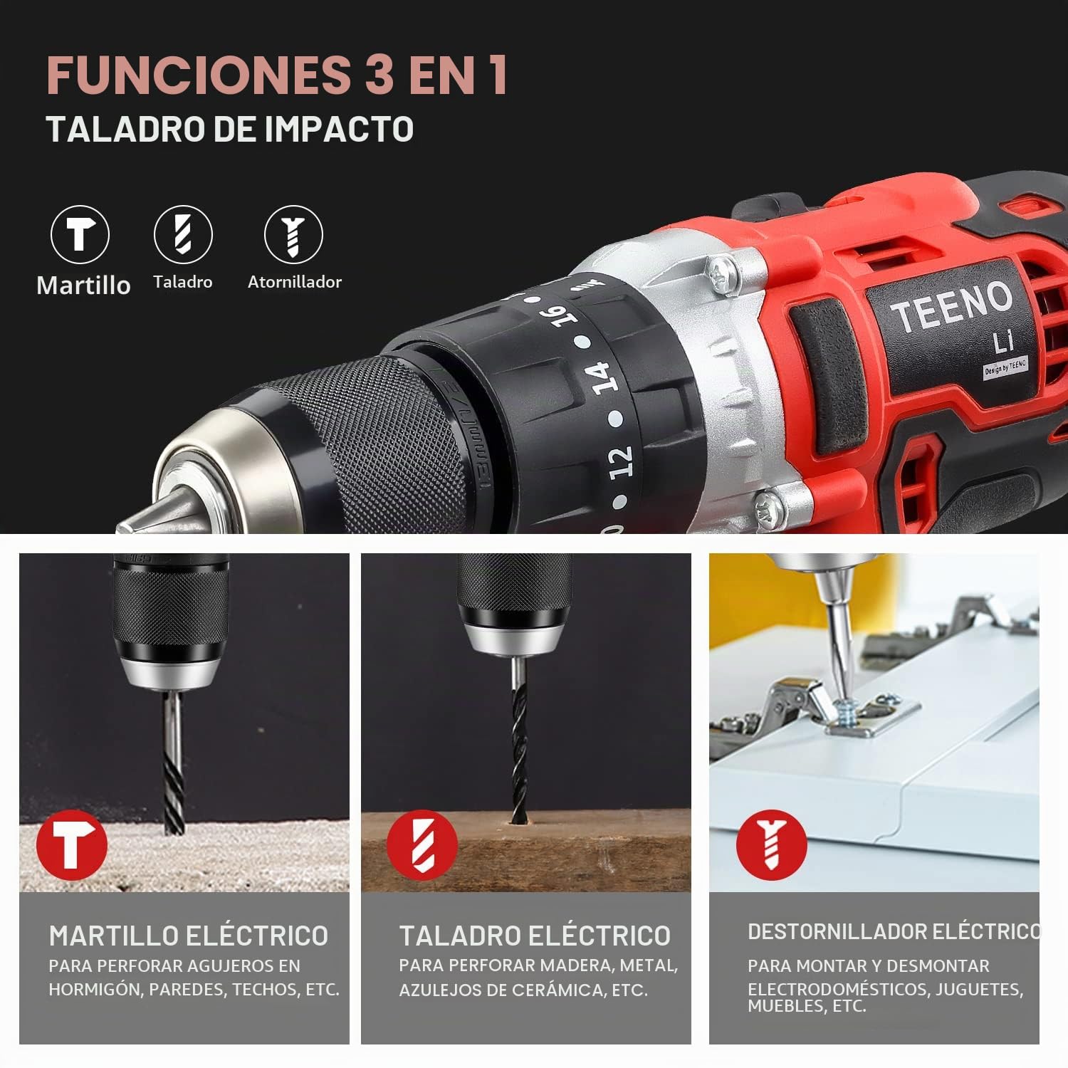 TEENO Atornillador de impacto & Pistola de impacto batería sin escobillas | Taladro alto par 45Nm + Llave impacto 320Nm, velocidad regulable, ideal para reparación automóvil e instalación de muebles
