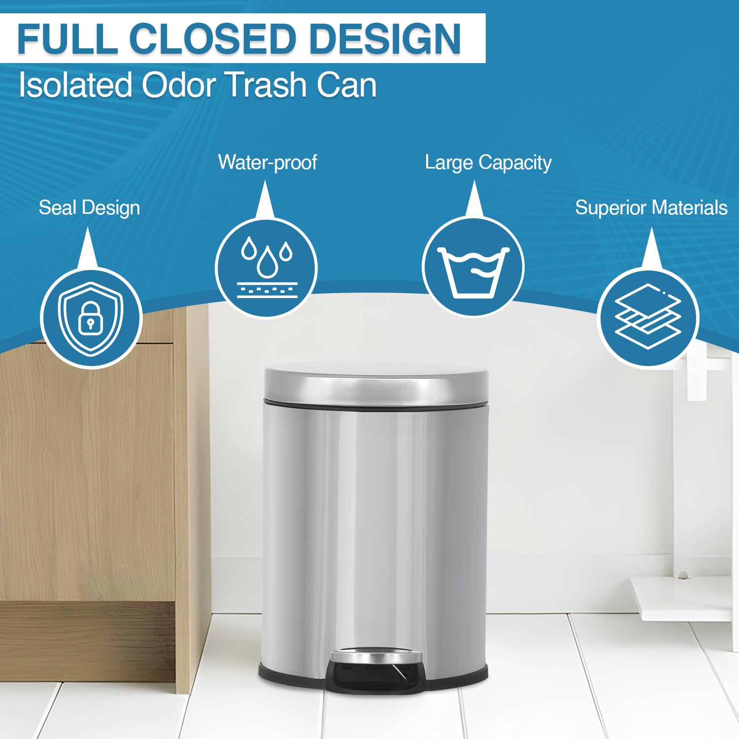 Dopinmin Bathroom Trash Can 6 Liter/1.6 Gallon Small Garbage Can Stainless Steel Trashcan with Lid/Step Pedal,Round Garbage Bin Removable Inner Bucket Waste Basket for Kitchen Office