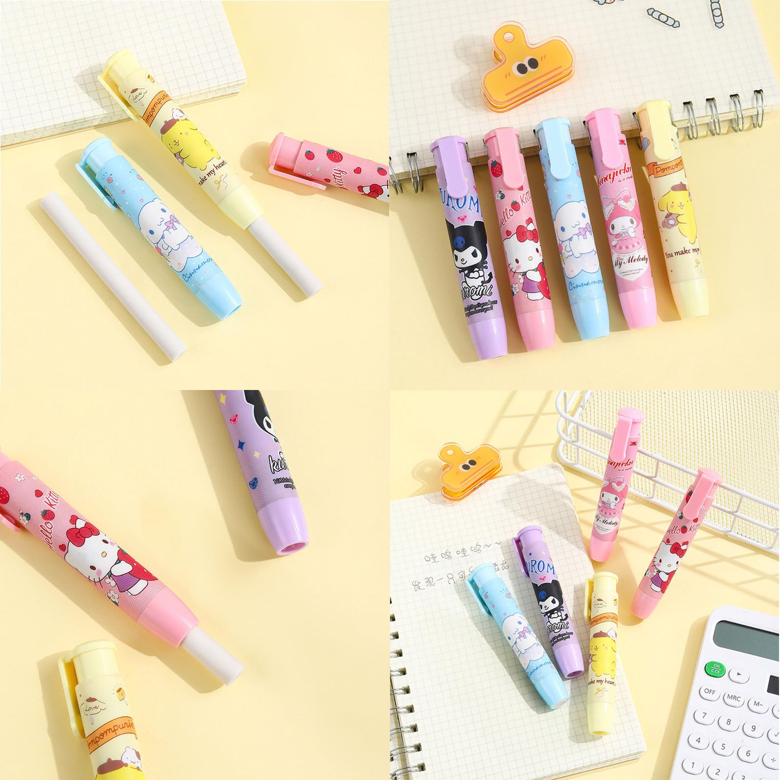 piurlzw 6 Pcs Mechanical Pencils with 5 Pcs Retractable Eraser, Cute Eraser Pencil, Cartoon Creative Stationery Supplies for Girls: Black