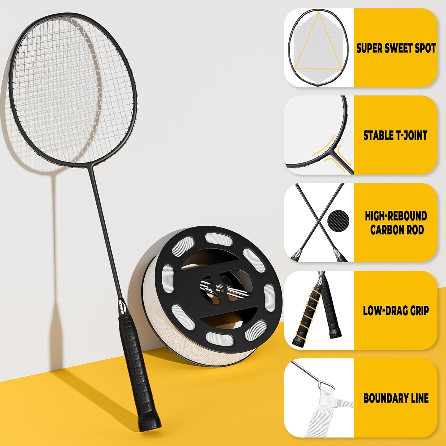 Professional Badminton Set for Backyard: Width-Adjustable Net (20/16/13ft) with Stainless Steel Winch, 1.26" Aluminum Poles, 4 Carbon Composite Rackets (28lbs), Boundary Line & Carry Bag