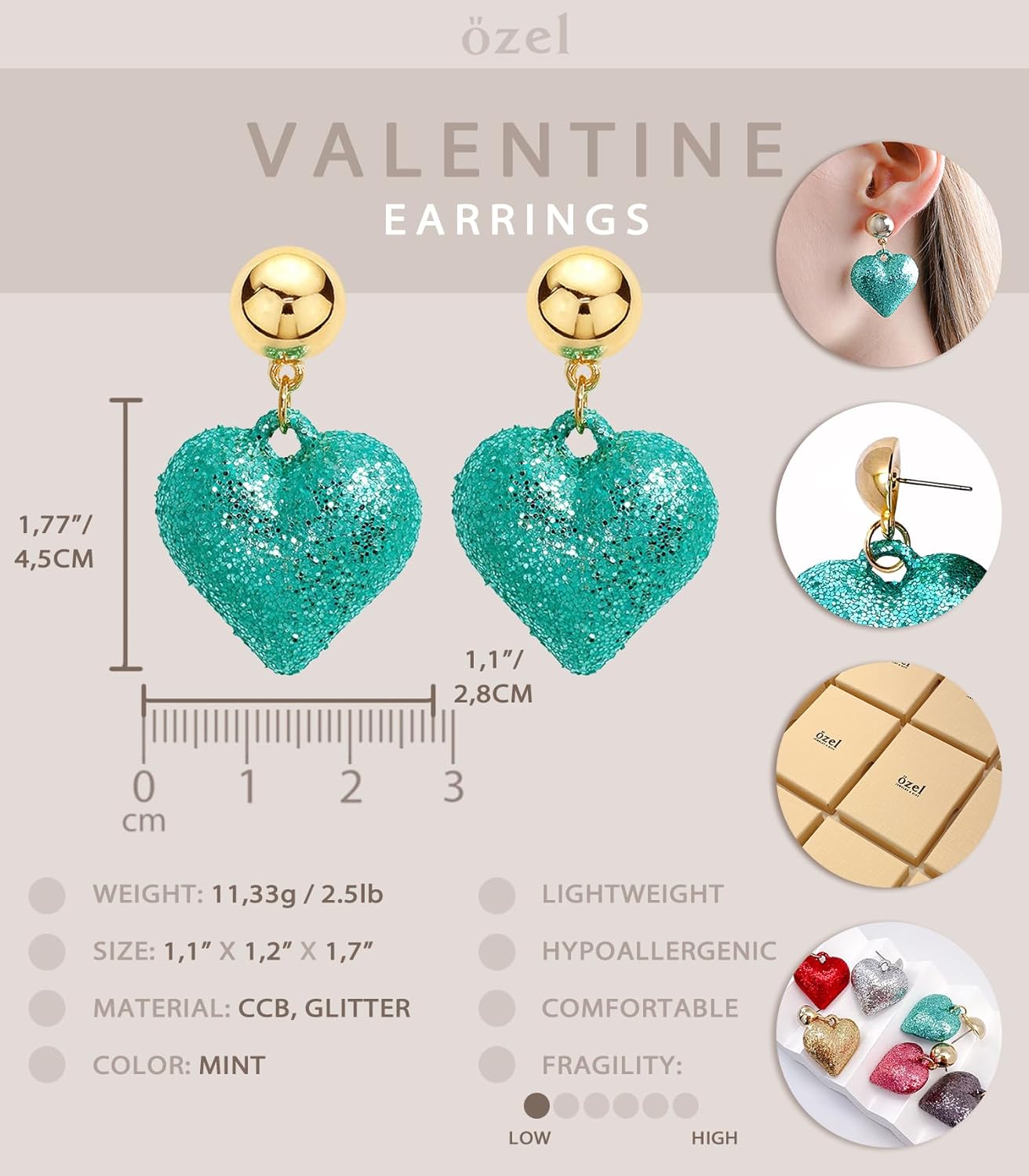 OZEL Heart Earrings Dangling, Valentine Earrings for Women, Pink Heart Accessories, Lightweight Glitter Statement Jewelry Gifts - Image 6