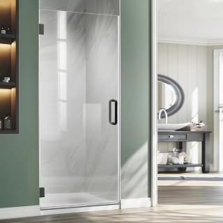 Hinged Shower Door, 36" W X 76" H Single Swing Frameless Shower Door, 5/16" (8mm) Bathroom Shower Glass Door in Matte Black, Clear Tempered Glass Door with Handle and Seal Strip