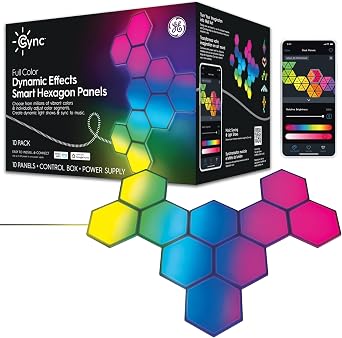 Cync GE Dynamic Effects Indoor Hexagon WiFi Smart LED Color Changing Lights, Wall Light Panels for Room Decor, Gaming Setup, Music Sync LED Wall Art, Works with Alexa and Google, 10 Panels