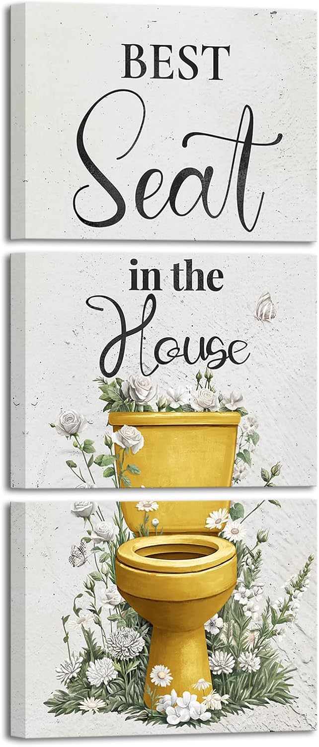 sechars Best Seat in the House Wall Art Funny Bathroom Signs Pictures Painting Modern Yellow Bathroom Wall Decor (Yellow)