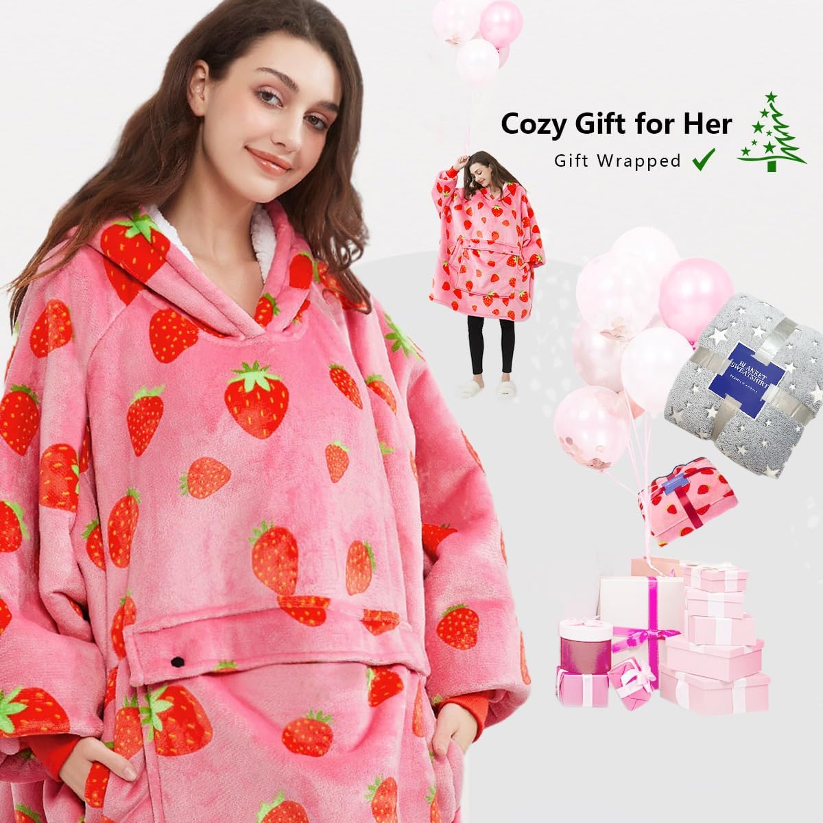 KFUBUO Wearable Blanket Hoodie for Adults Sherpa All Patterns Oversized Sweatshirt Blanket with Pockets Cute Birthday Gifts for Sister Strawberry - Image 6