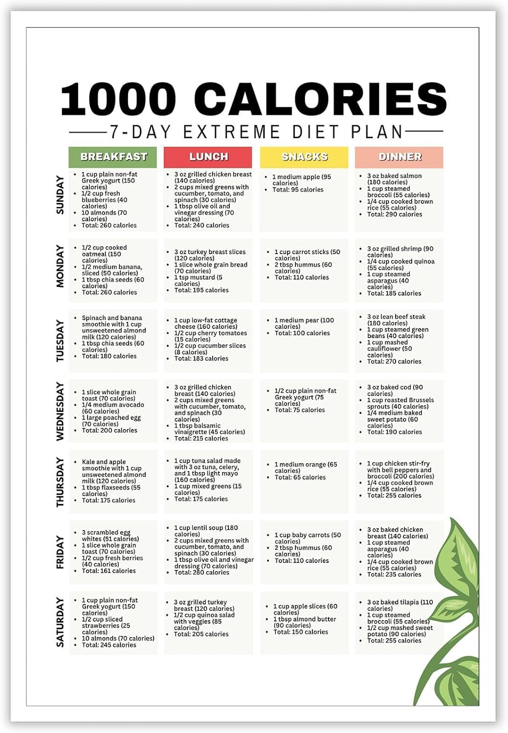 1000 Calories Extreme Diet Plan Dietitian Low Calorie Diet Planner For Losing Weight Meal Prep 7-Day Healthy Recipes Meal Plan Metal Tin Sign Painting Wall Art Poster For Kitchen Decor 6x8in