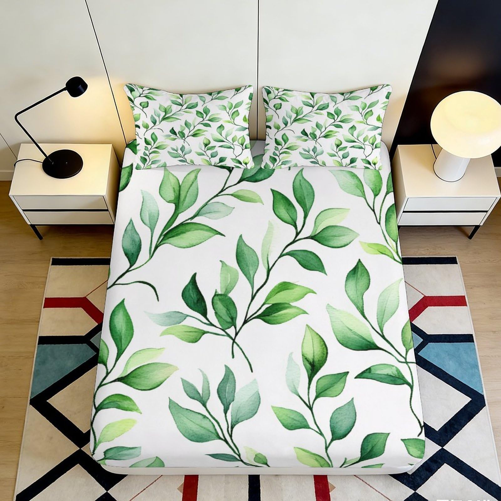 3D Printed Green Leaf Fitted Sheet Microfiber Soft Breathable Botanical Mattress Cover for Bedroom Guest Room Decor 120x200x25cm