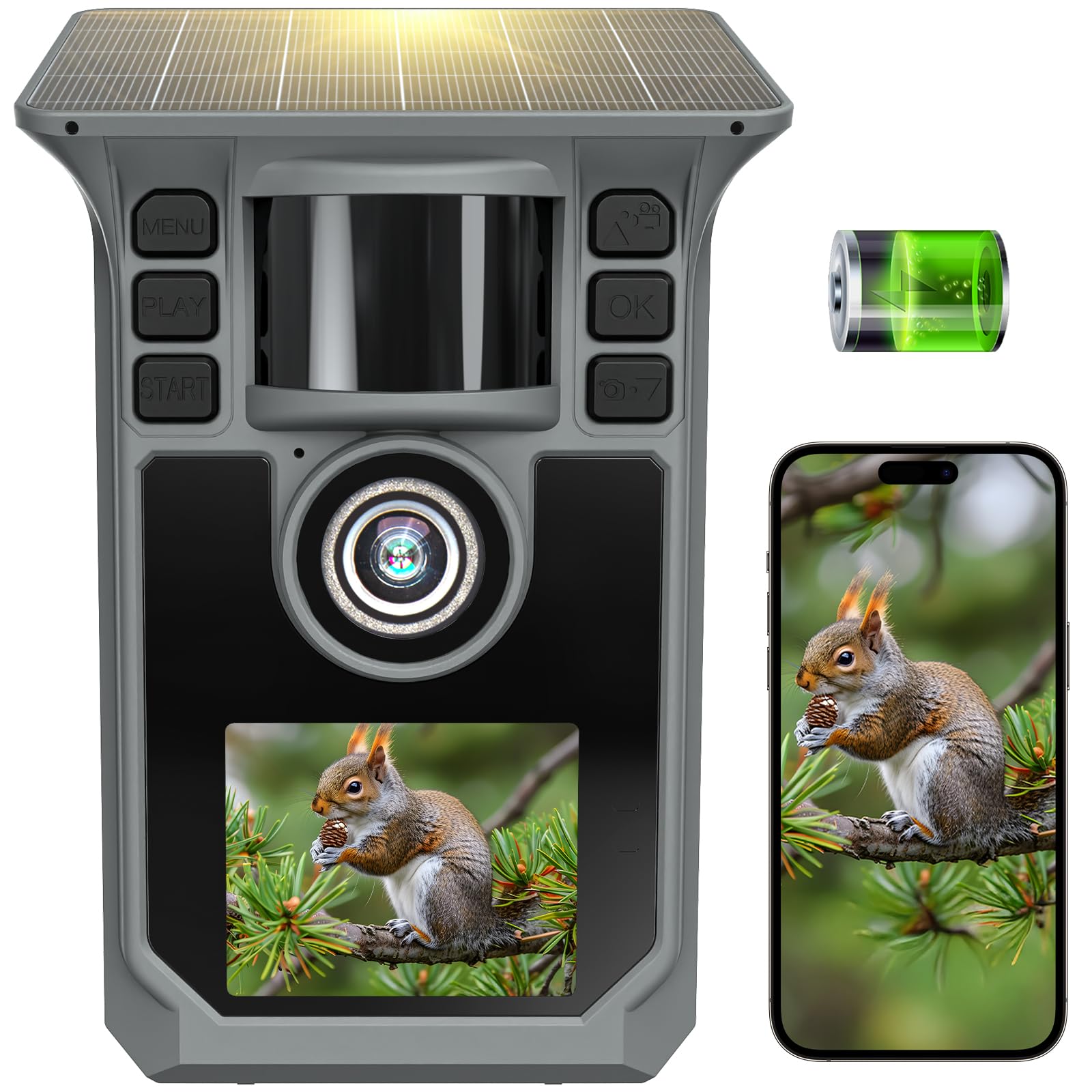 Wildkamera mit Handyübertragung APP, 4K 64MP Solar WLAN Bluetooth Eingebaute 5000mAh, Wildkamera mit Bewegungsmelder Nachtsicht, IP67 Wasserdicht 130°Weitwinkel