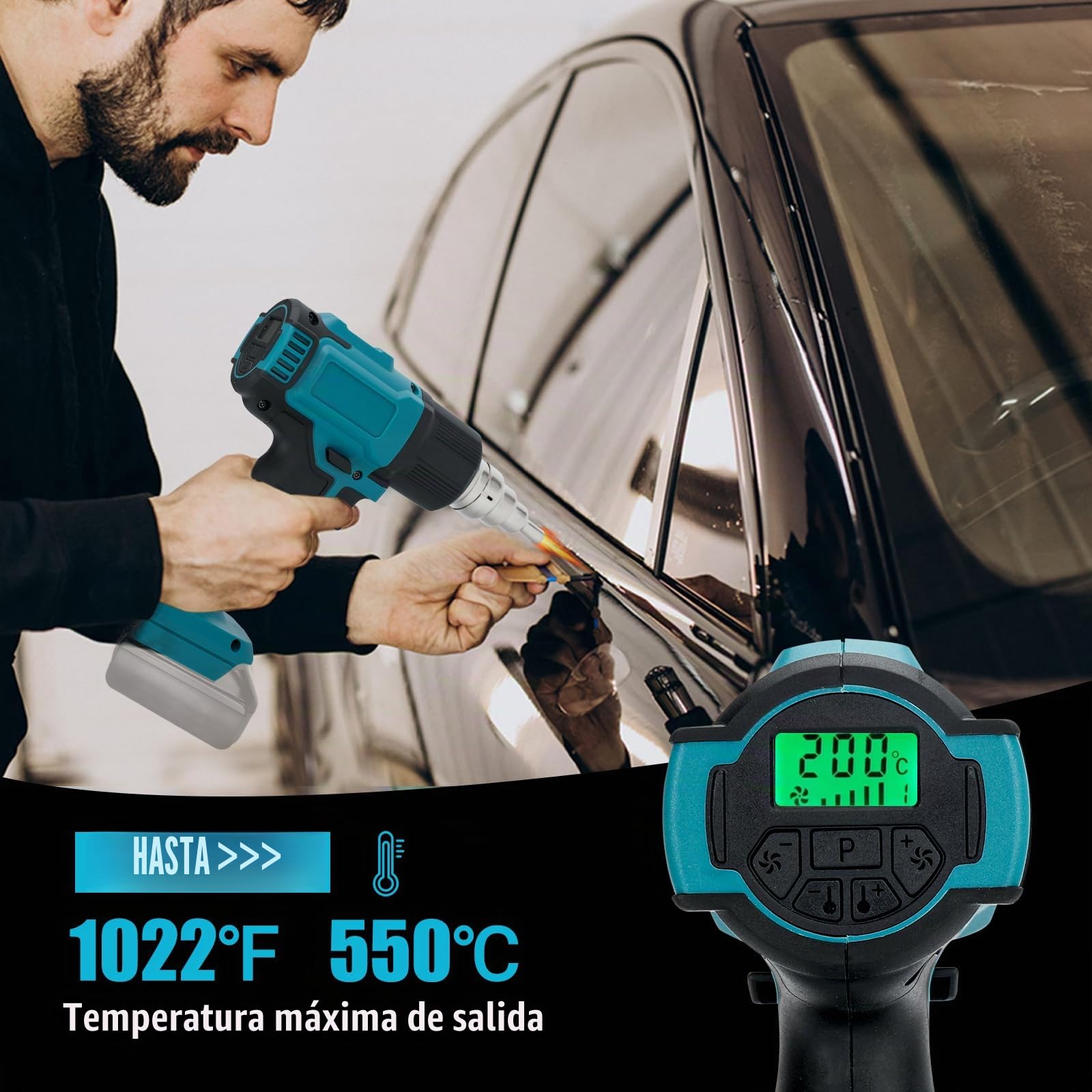 Pistola de Calor Inalámbrica Compatible Con Baterías Makita 18V, Pistola de Aire Caliente con 8 Boquillas, Pantalla LCD Digital, 4 ajustes de temperatura, máx. 500 °C (sin batería)