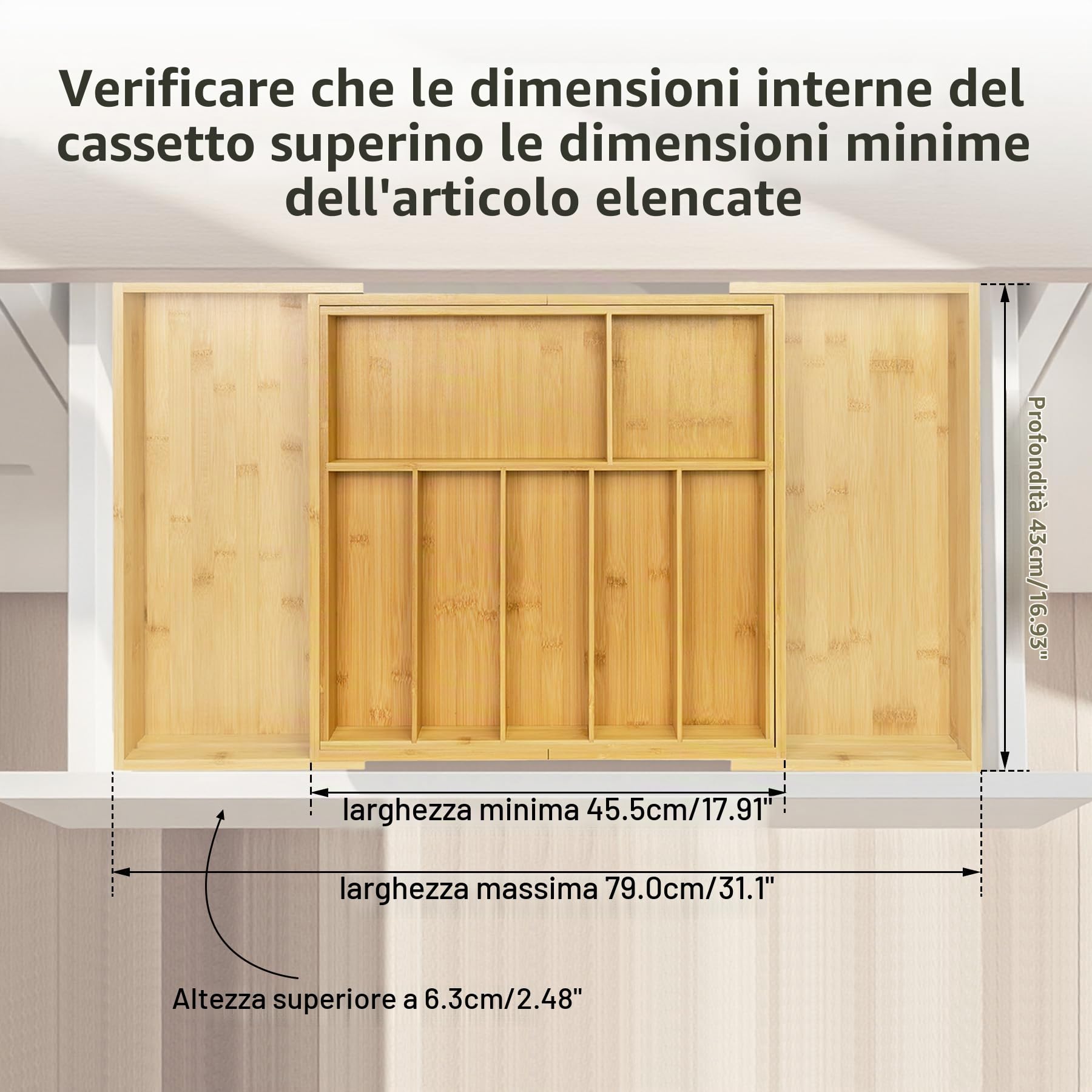 Utoplike Organizer extra large per cassetti da cucina, in bambù massiccio