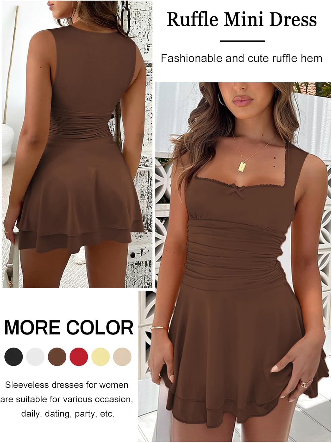 Women's Square Neck Ruffle Hem Mini Dresses Ruched Waist Slim Sleeveless Corset Dress for Women Short Party Dress - Image 3