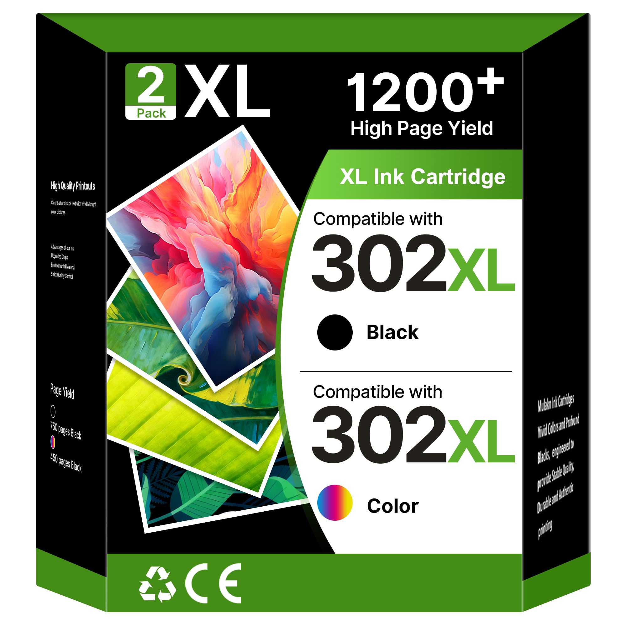 302XL Ink Cartridges Replacement for HP 302 302XL Ink 1Black 1Tri-Colour