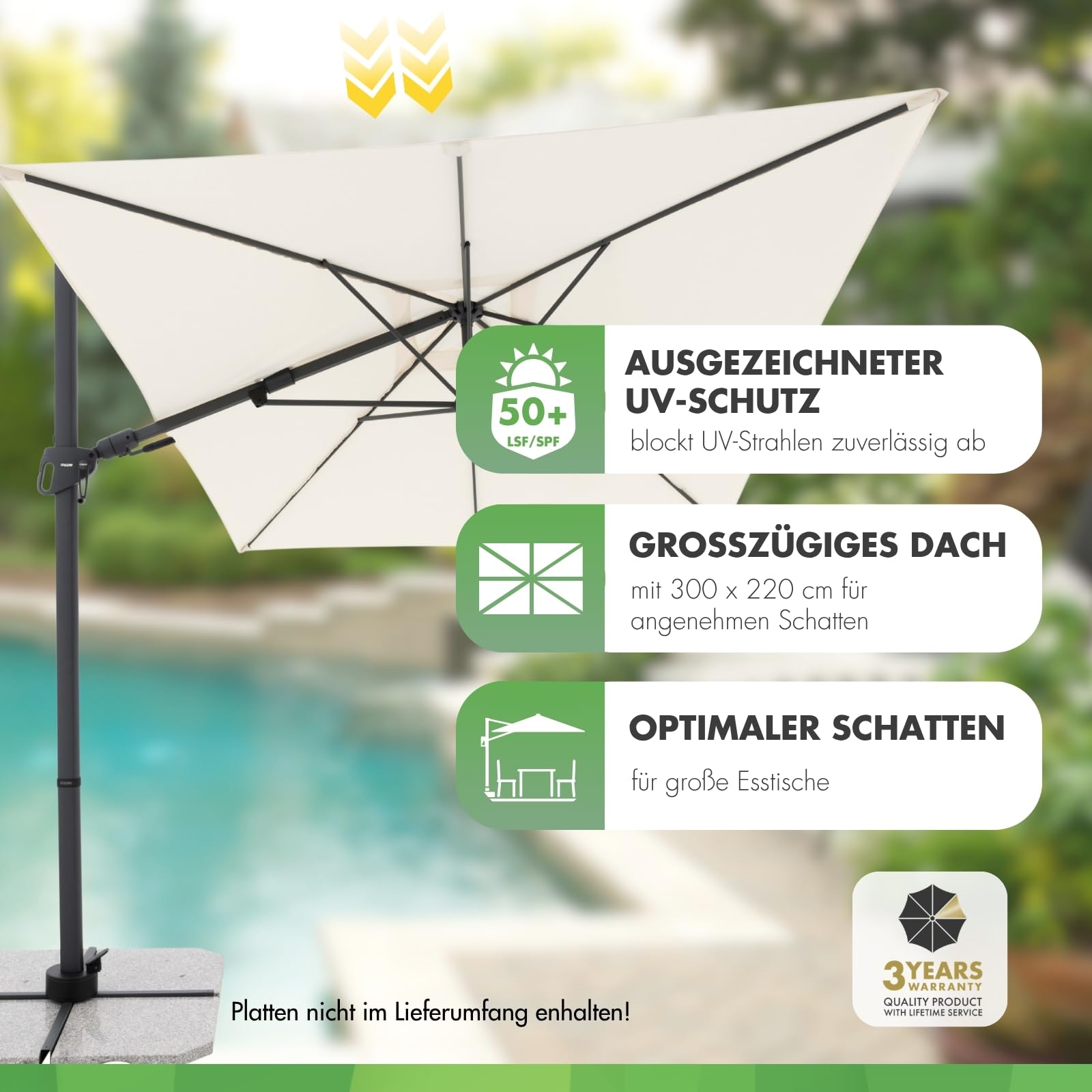 Doppler Style Sonnenschirm für den Garten | Ampelschirm 220 x 300 cm in Natur | um 360° drehbar | Sonnenschirm groß mit Standkreuz | neig- und schwenkbarer Pendelschirm für Garten & Terrasse