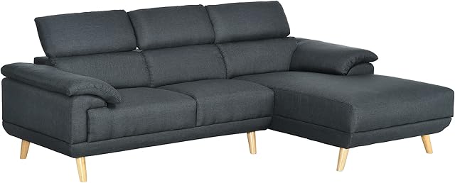 HOMCOM Corner Sofas for Living Room, Fabric L Shaped Sofa Settee with Adjustable Headrest, 3 Seater Couch, Dark Grey
