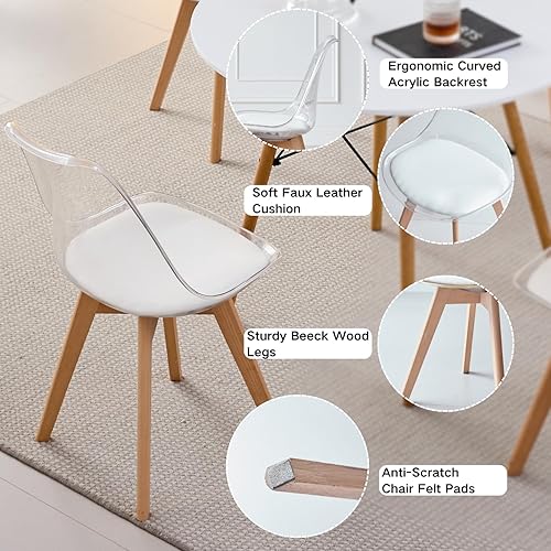 Miniatura 4 de Juego de 4 sillas de comedor de acrílico transparente de mediados de siglo, modernas sillas de cocina con acolchado suave y patas de madera para