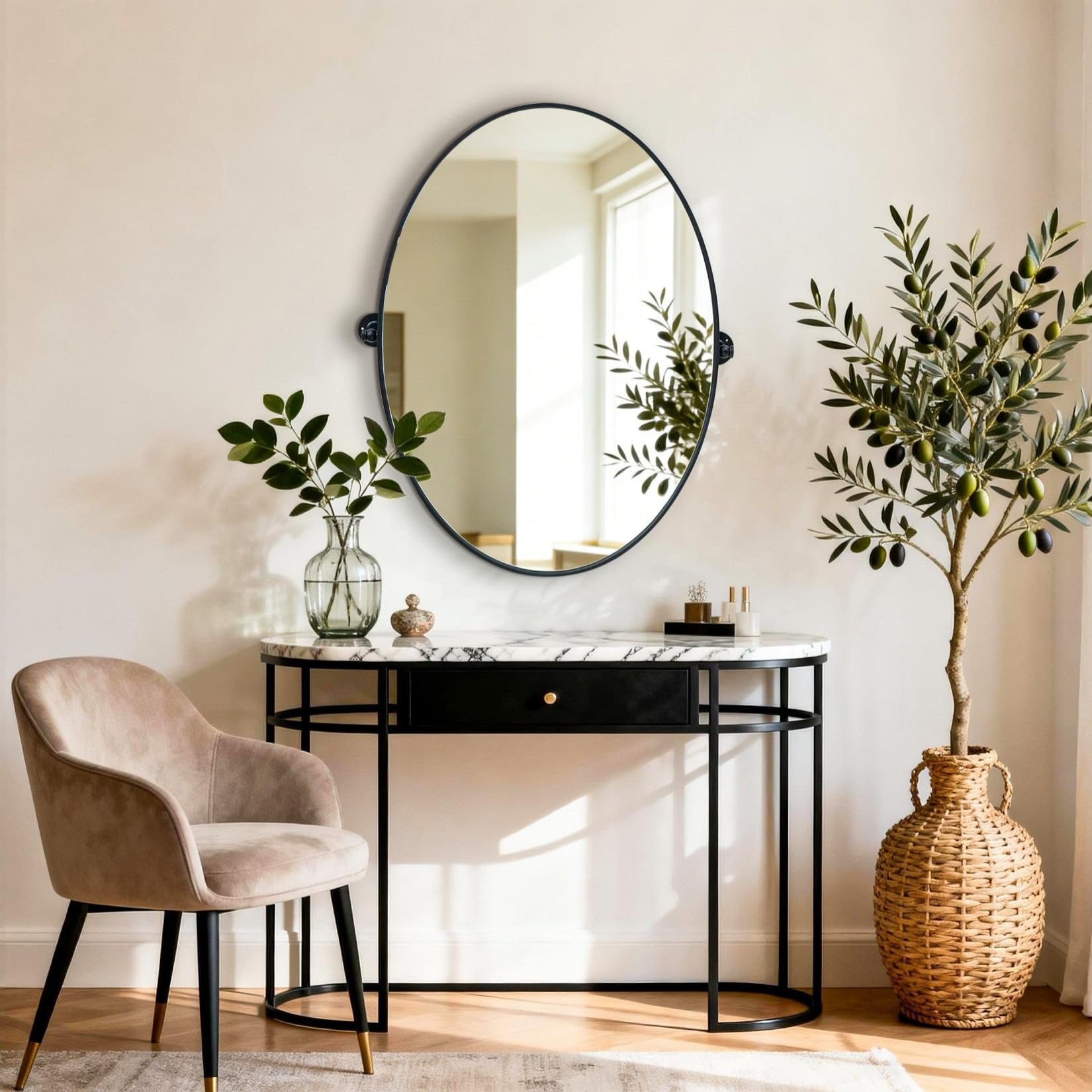 Specchio Angolo Arrotondato Girevole ±9° Telaio in lega di alluminio 50x70cm Nero Ovale