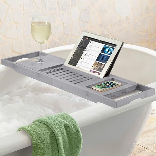 Miniatura 35 de Bandeja de madera para bañera – Bandeja de baño de bambú plegable y expandible para bañera con soporte para vino, soporte para libros y tabletas
