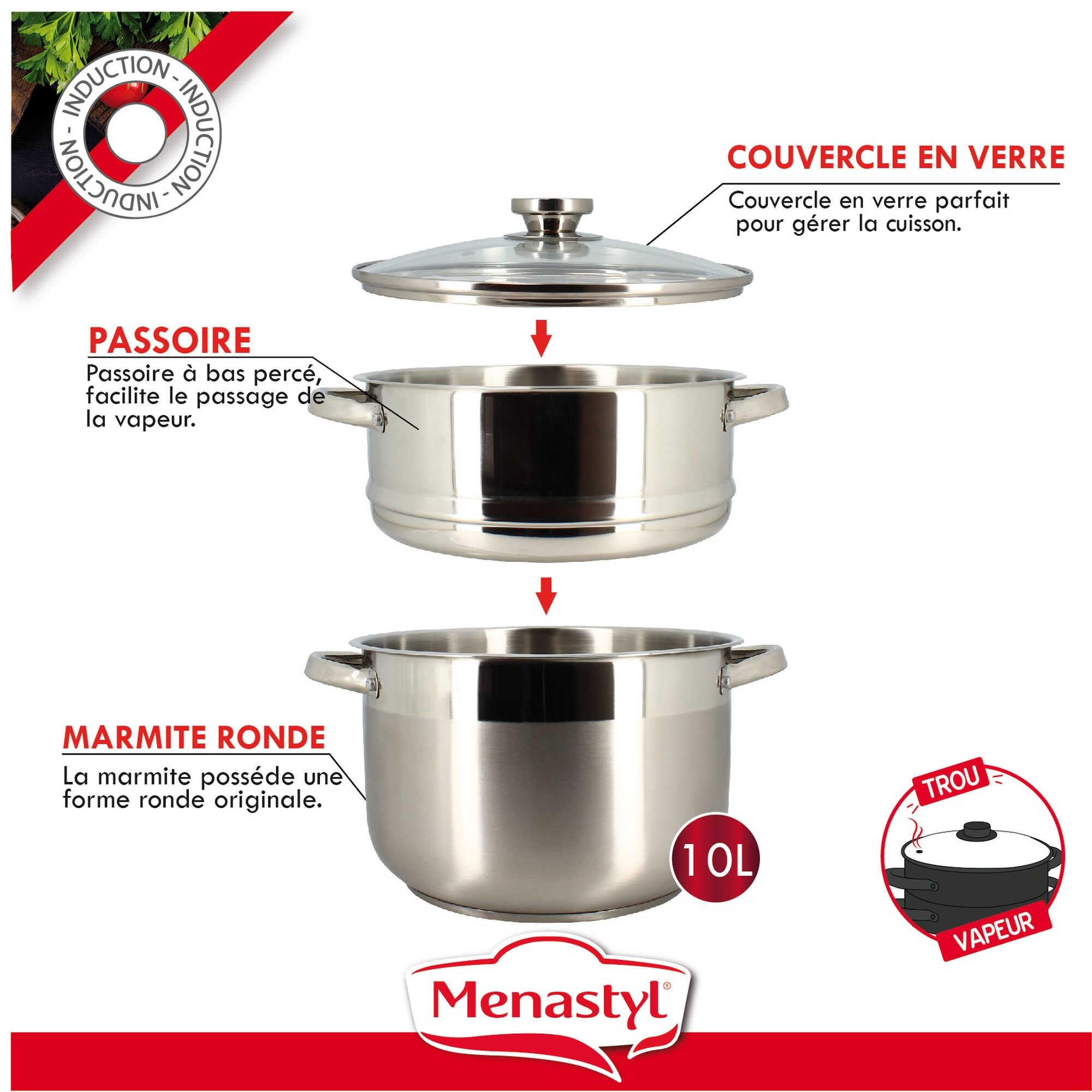 MENASTYL - Couscoussier 10L en acier inoxydable - Couvercle en verre - 4615450
