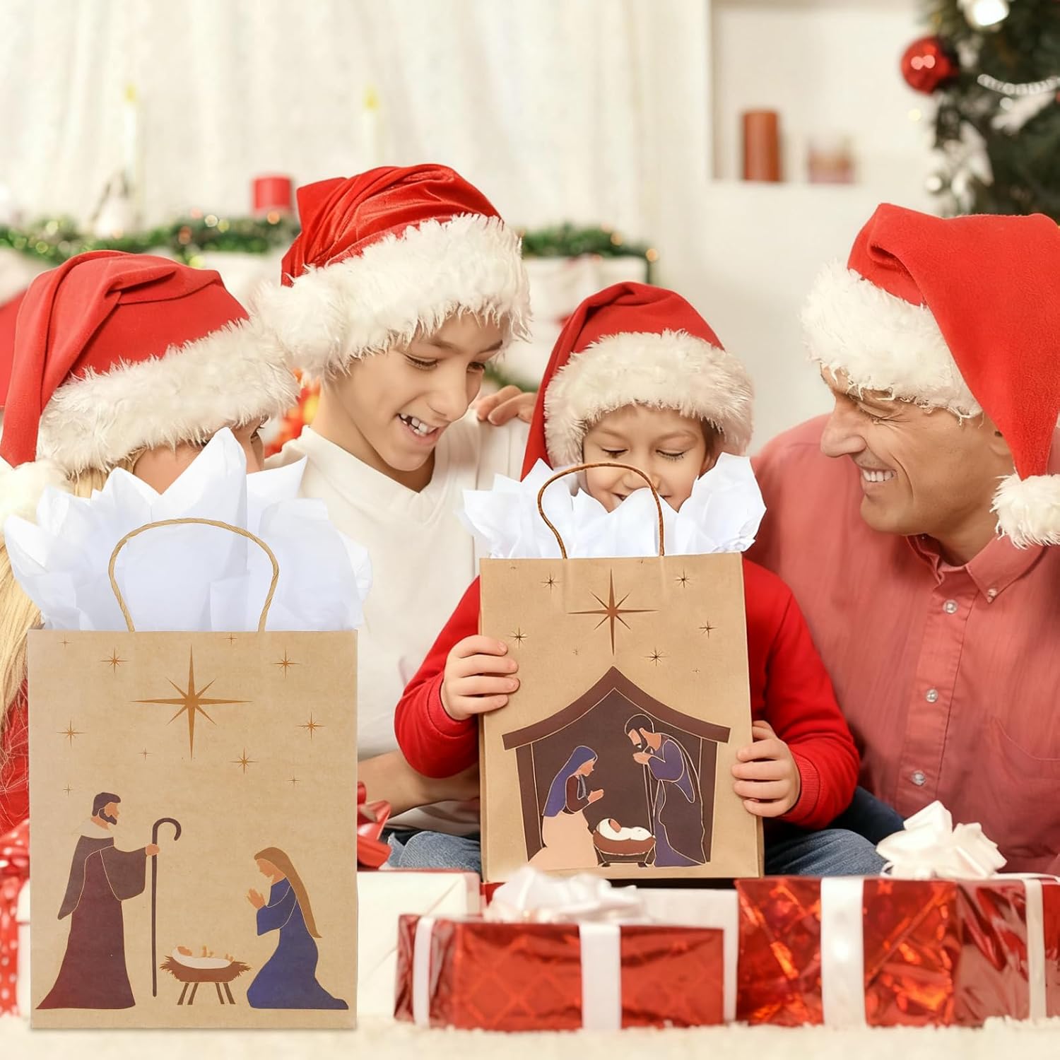 Talltalk 30 Pcs Christmas Nativity Gift Bags Bulk 10.24 x 8.66 Inch Religious Christian Treat Goodies Paper Bags with White Tissue Paper for Xmas Holiday Party Favor