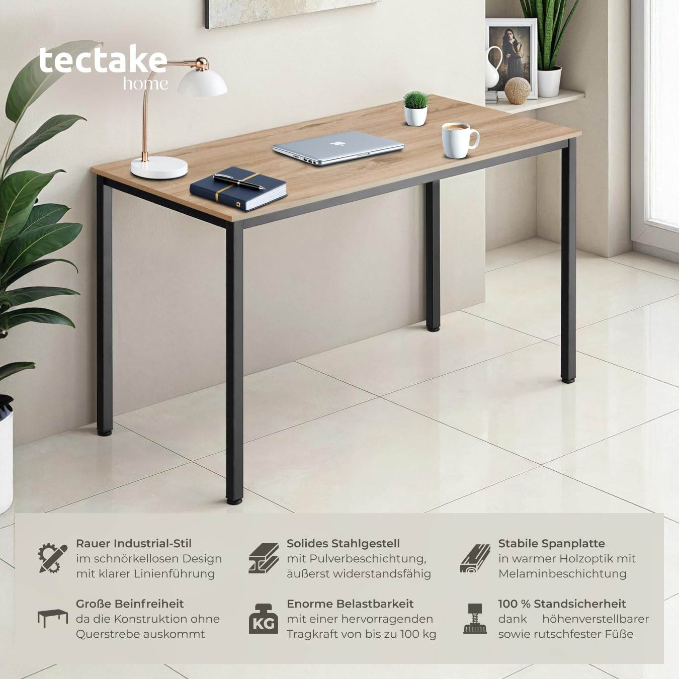 tectake® Industrial Schreibtisch, Tisch 120 x 60 x 75,5cm, Esstisch, Bürotisch, Computertisch, PC Tisch, Wohnzimmertisch, Gaming Desk, Möbel für Arbeitszimmer - Industrial Holz Hell, Eiche Sonoma