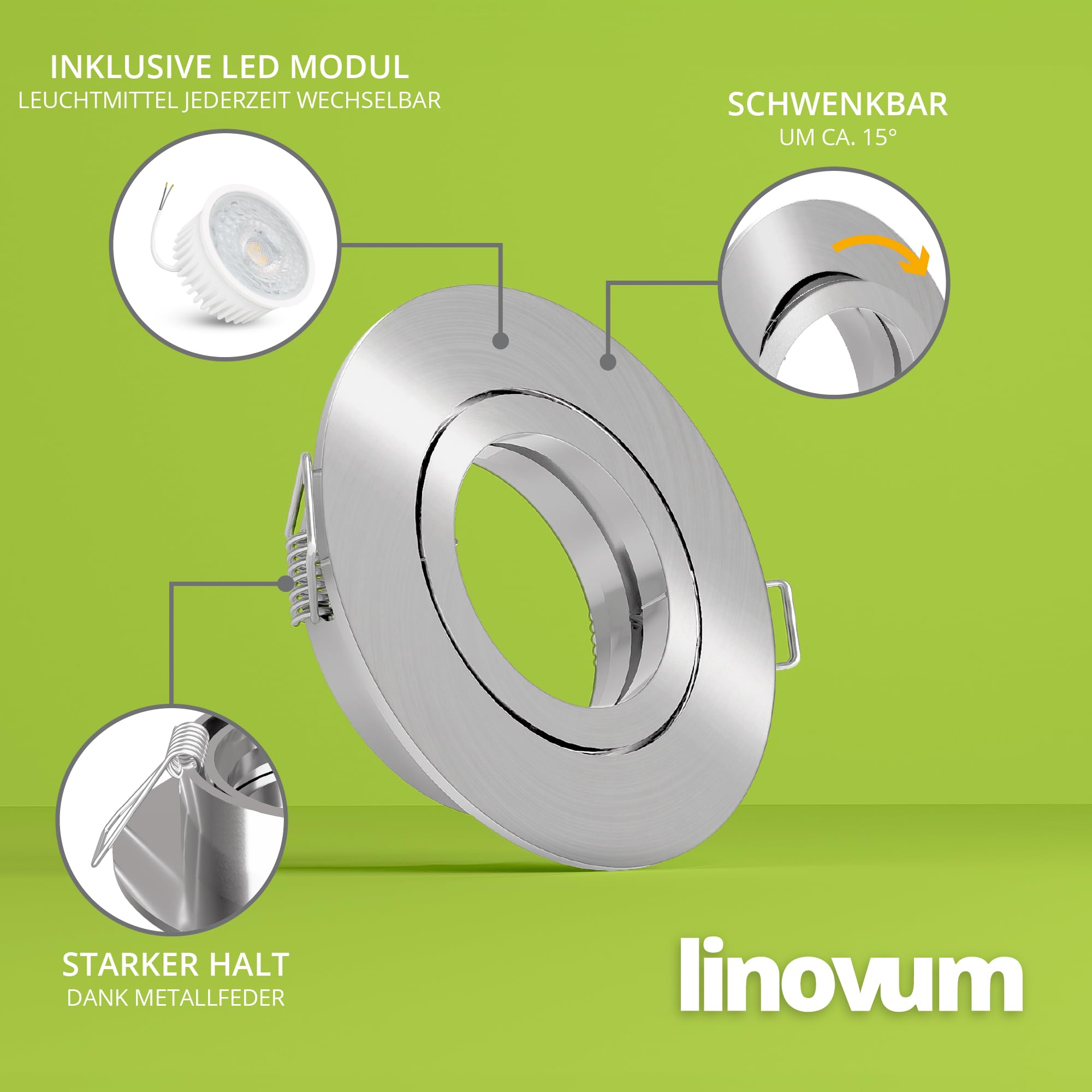 linovum 10er Set extra flache LED Einbaustrahler flach (34mm) Downlight in rund schwenkbar Edelstahl Optik mit 4W LED Modul warmweiß