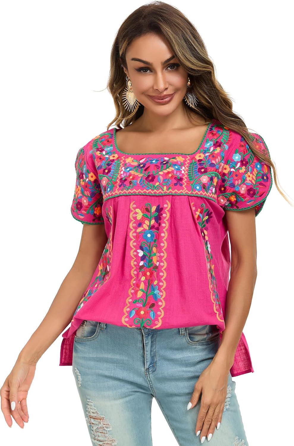 Mexican Shirts for Women Embroidered Tops Traditional Peasant Summer Tunic Blouse
