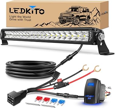 22Inch LED Light Bar with Rocker Switch Wiring Harness Kit Off Road Driving Work Lights Straight Bar Spot Flood Combo Single Row IP68 280W for Je-ep Truck Pickup Tractor SUV UTV ATV GMC F-150