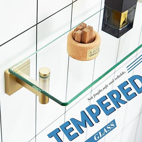 Miniatura 6 de KOKOSIRI Estantes de pared flotantes de acero inoxidable dorado de 12 pulgadas, accesorios de baño de vidrio templado, estante colgante