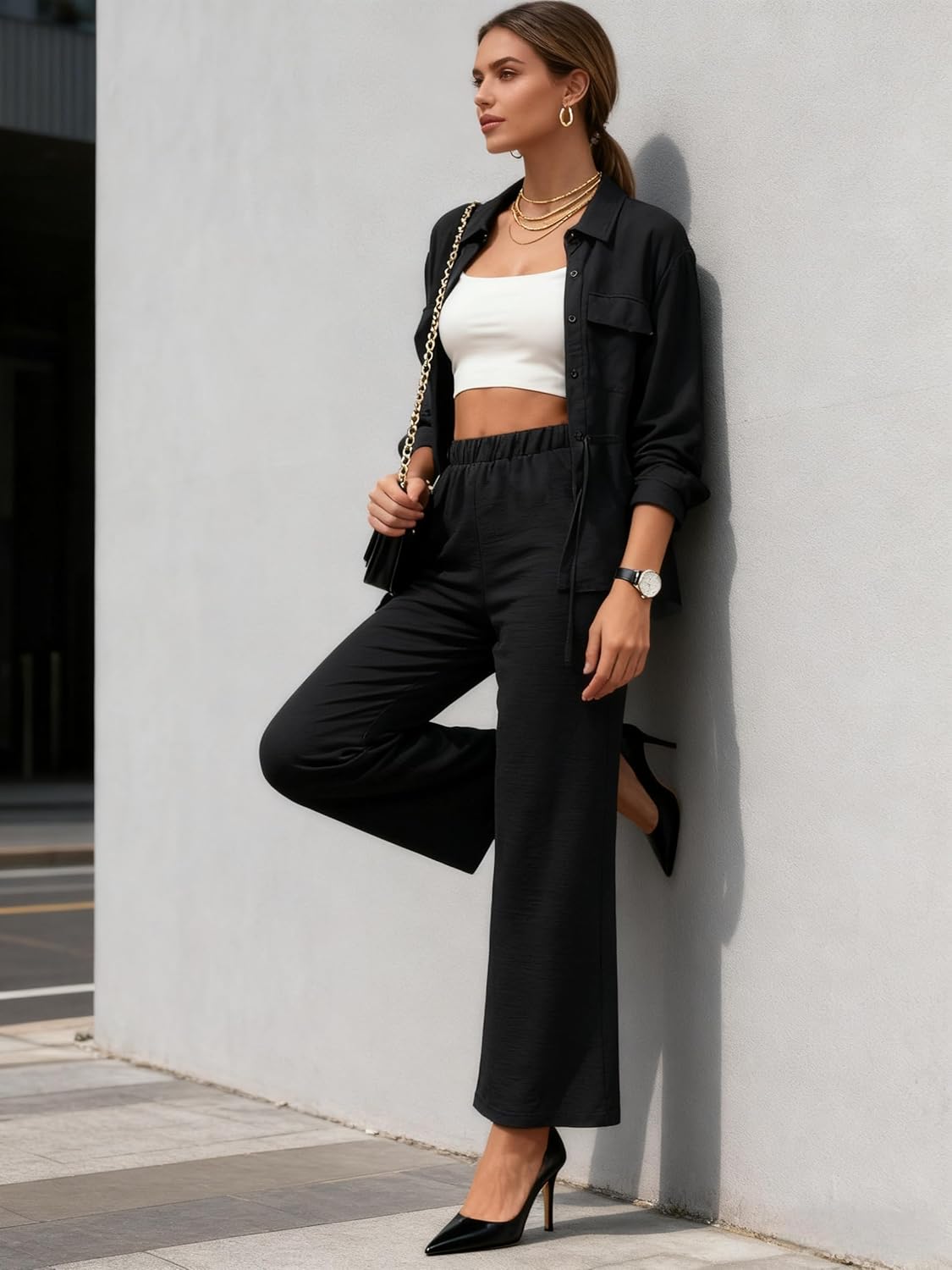 Ophestin 2 Piece Travel Outfits for Women Dressy Button Down Shirt Two Piece Wide Leg Pants Sets - Image 2