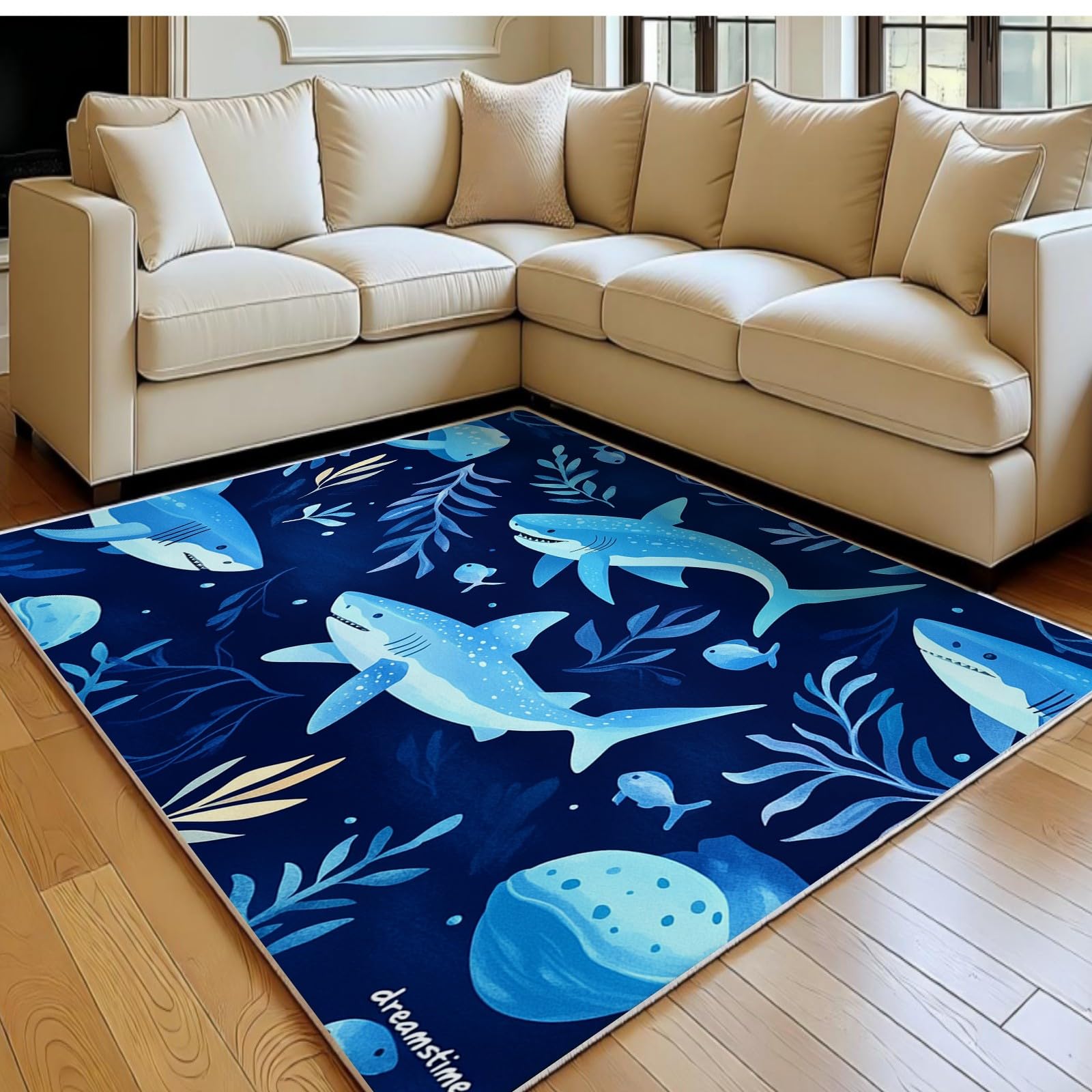 Tapis de salon antidérapant requin bleu 140x200 lavable résistant aux taches