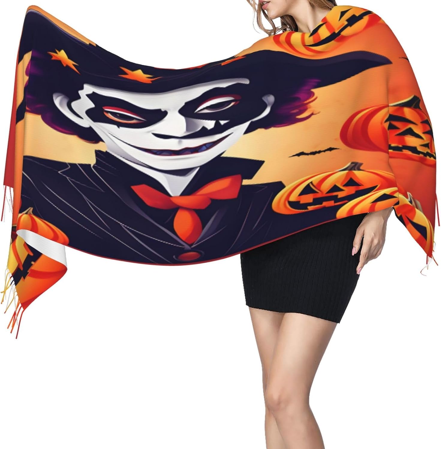 Happy Halloween Print Polyester Fringed Scarf 77x27 Inch Cozy Stylish Shawl Scarfs With Fringe For Fall, Winter Spring
