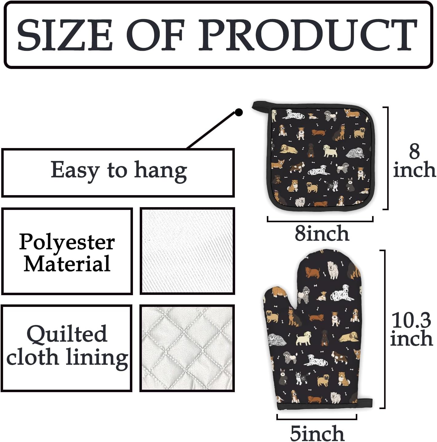 Dog Lover Gifts Black Oven Mitts and Pot Holders Sets, Gifts for Dog Lovers Kitchen Accessories Sets, Dog Owner Mom Gifts, Dog Themed Heat Resistant Oven Glove Potholders for Kitchen Baking - Image 7