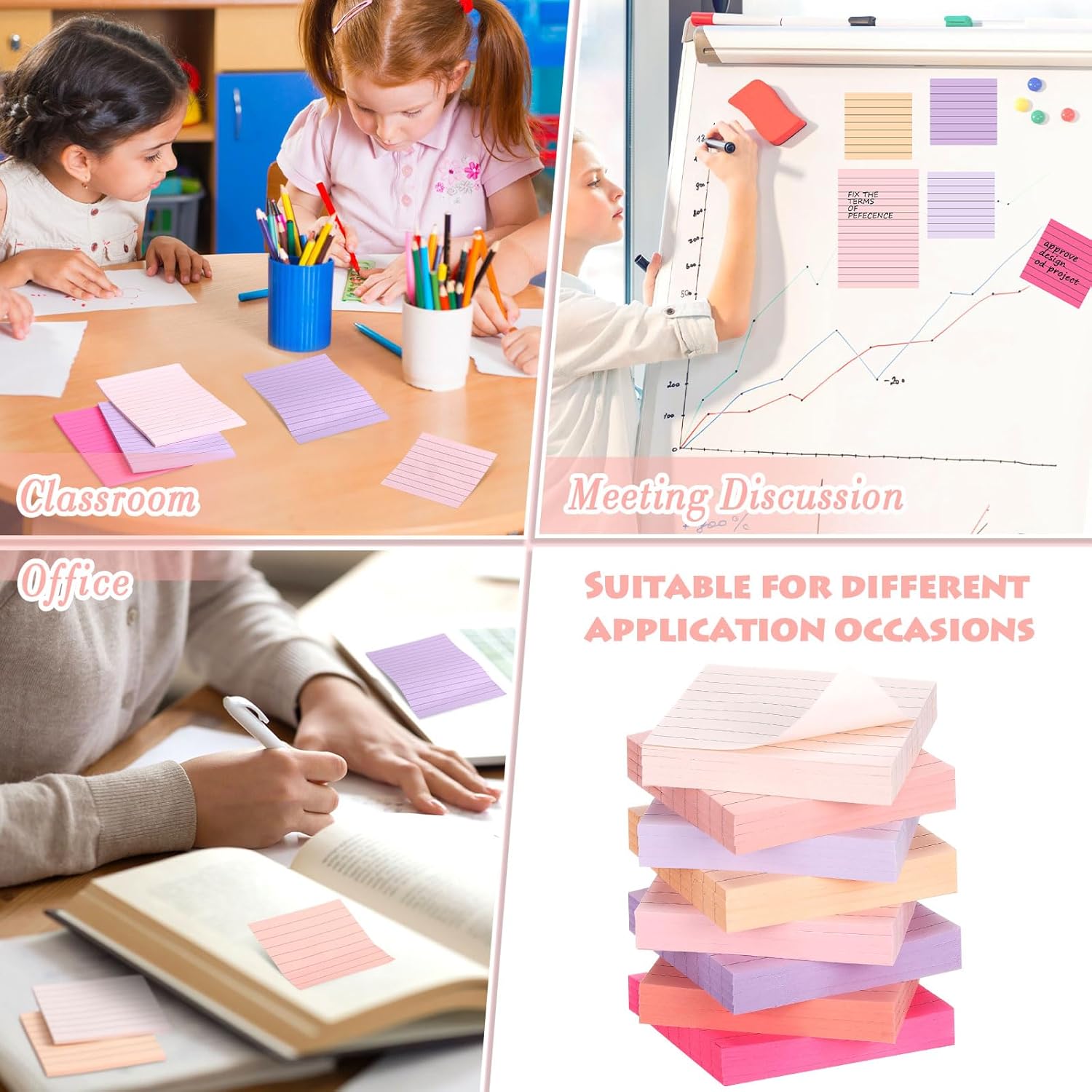 Yexiya 64 Pcs Lined Sticky Notes Self Stick Notes with Lines Bright Assorted Colors Sticky Pad for Home Office Products Post Memos, 1920 Sheets(4 x 6 Inch, 3 x 3 Inch,Pastel Color)
