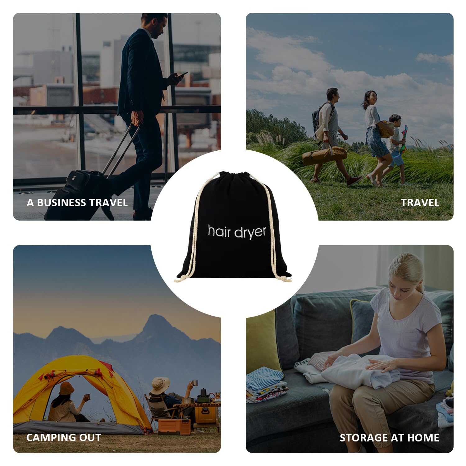 2 bolsas para secador de pelo, almacenamiento con cordón, viaje, hotel, baño, Negro, Casual