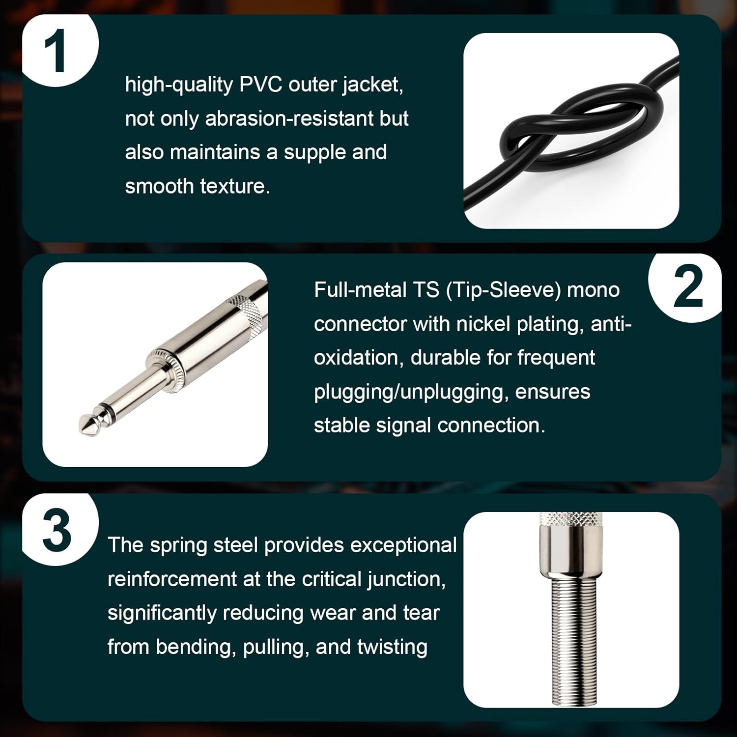 1/4" Speaker Cable - 2PCS 10 Feet 1/4 Inch TS Male DJ/PA Instrument Guitar Cable 10FT Speaker Wire Cord for Audio Amplifier Guitar - 2 Pack - Image 2