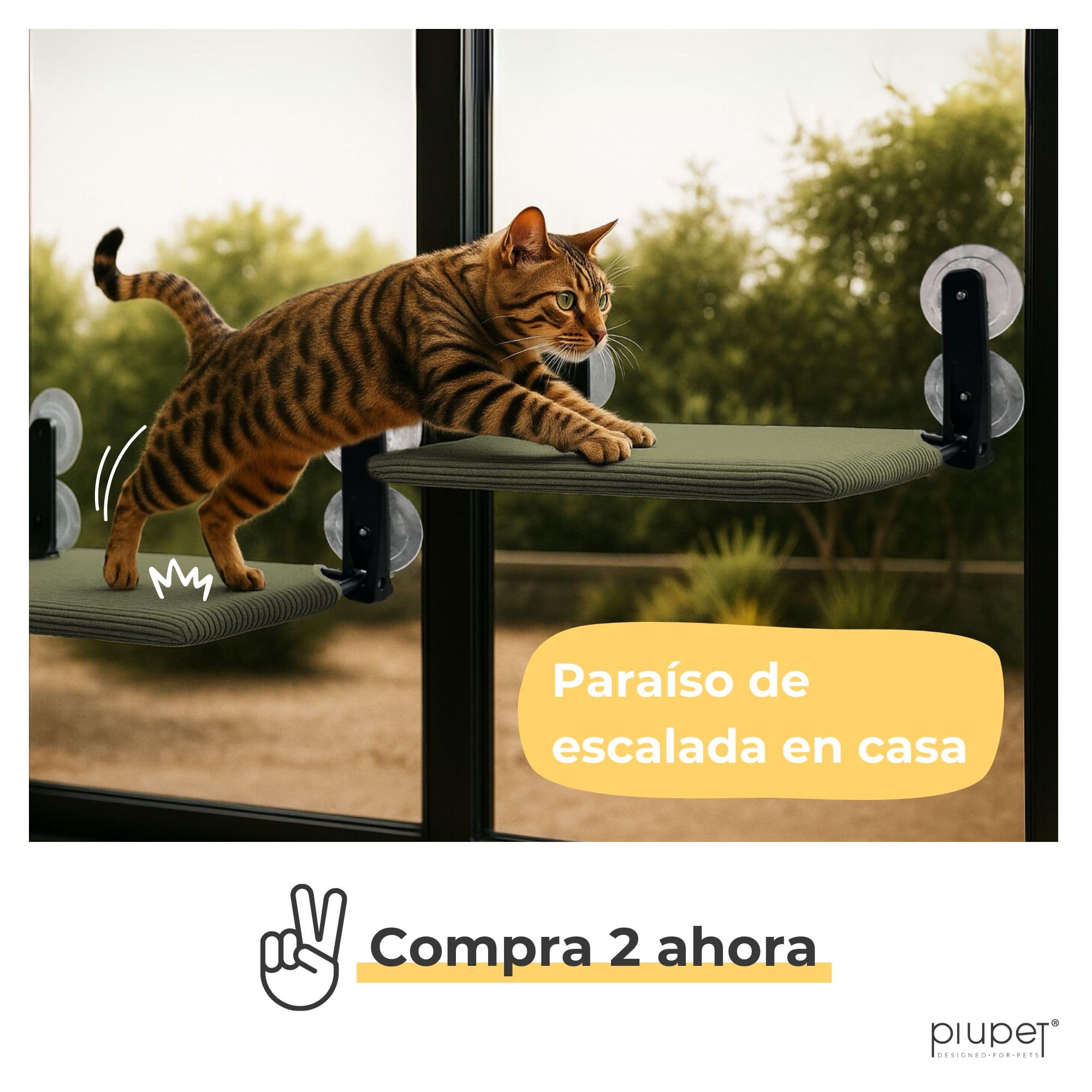 PiuPet® Hamaca gato ventana - Cama colgante para gatos con ventosas fuertes y marco de acero I Hamaca plegable y reversible 2 en 1 para verano e invierno I Cama gato grande hasta 20 kg (verde, grande)