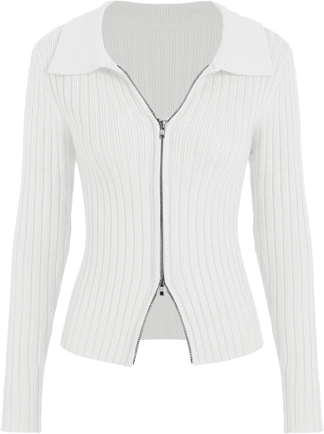 ZAFUL Women's Zip Up Sweater Long Sleeve Polo V Neck Ribbed Knit Slim Cropped Sweater Pullover Jumper Tops (1-White, Small) - Image 3