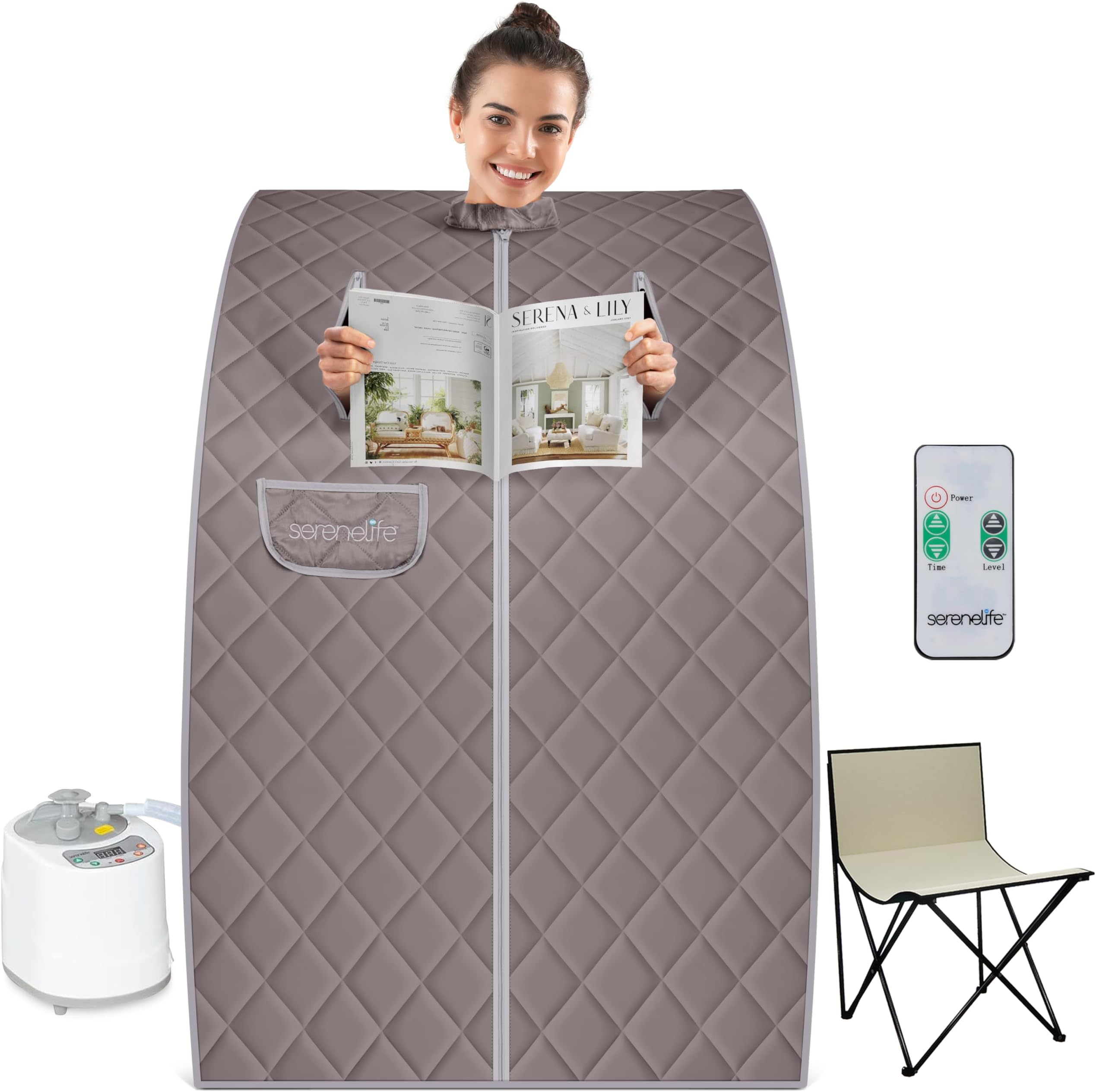 Portable Steam Sauna - Single Person Detox Spa (Gray) - Includes Foldable Chair for Comfort, Foot Pad Heating Mat