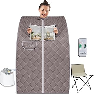 SereneLife Portable Steam Sauna - One Person Full Body Compact Home Sauna Tent with Foldable Chair, 122°F, 60 Min Timer, Ideal for Stress Reduction, Wellness, and Personal Care, Gray