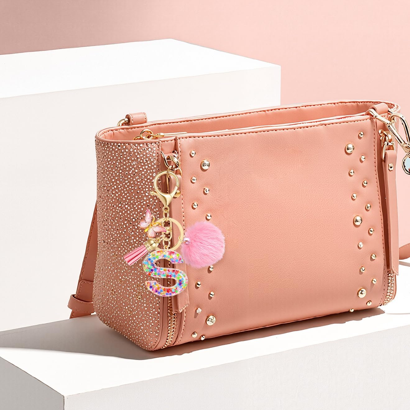 Pink Initial Letter Keychain,Cute Snowflake Sequins Key Chains for Girls Women Gift Handbag Decor - Image 6